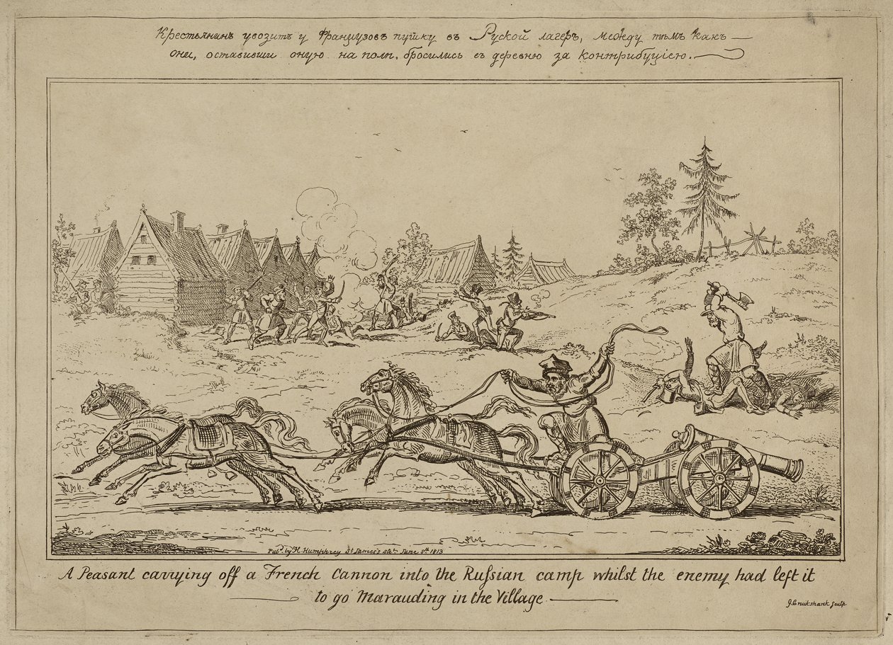 Un contadino che porta via un cannone francese nel campo russo mentre il nemico era andato a saccheggiare il villaggio da George Cruikshank
