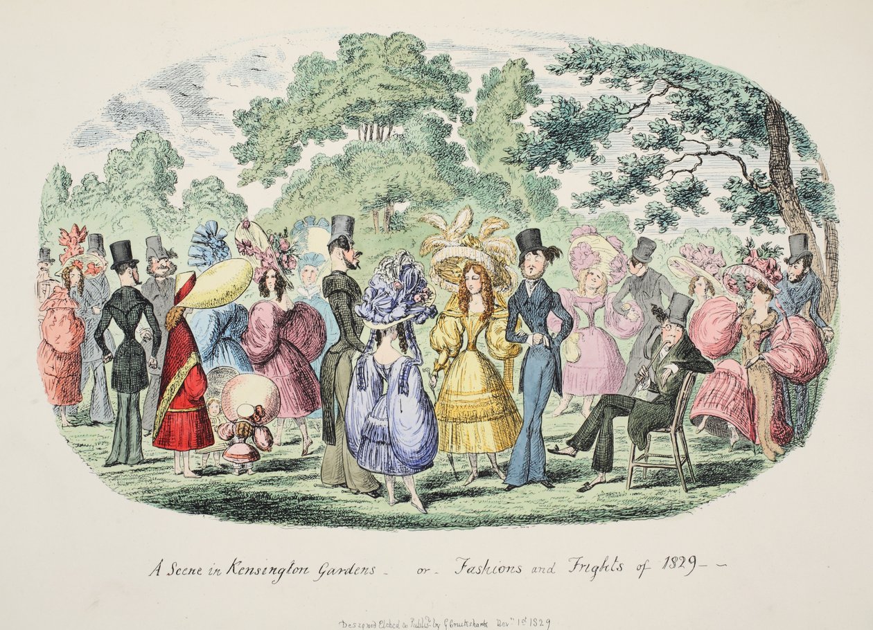 Una scena nei giardini di Kensington - o - Mode e paure del 1829, pub. 1829 da George Cruikshank