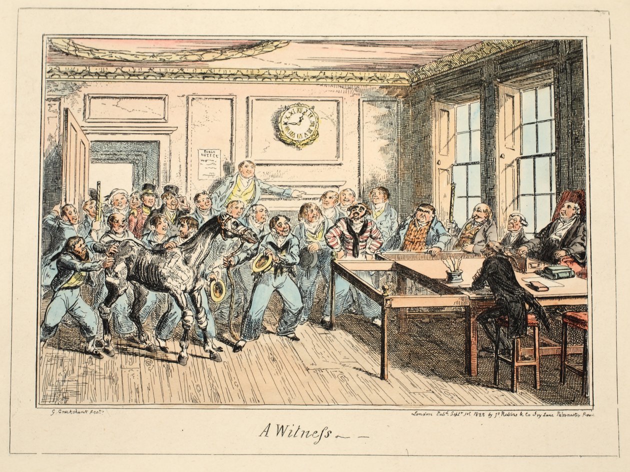 Un testimone, da Greenwich Hospital, una serie di schizzi navali, descrittivi della vita di un uomo di guerra, pub. 1825 (incisione colorata a mano) da George Cruikshank
