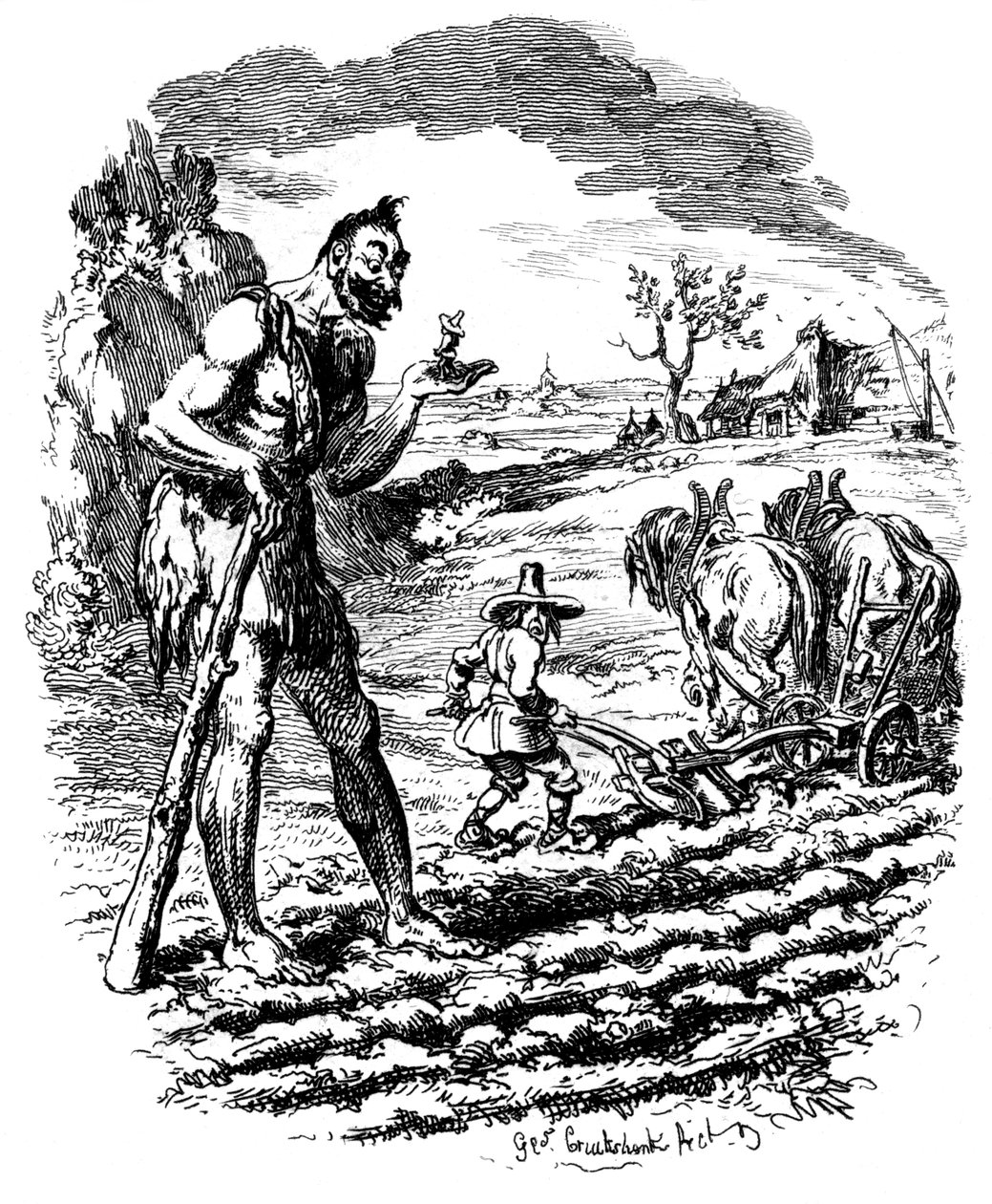 Un gigante in un campo mentre un contadino ara da George Cruikshank