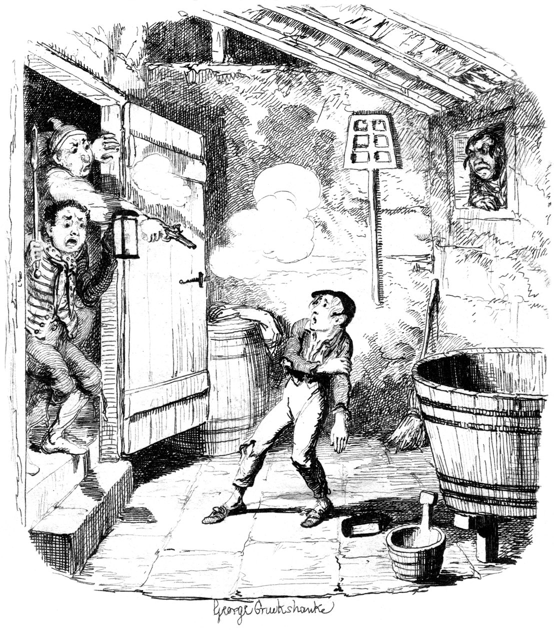 Un uomo spara a un ragazzo che sospetta di furto, 19° secolo da George Cruikshank
