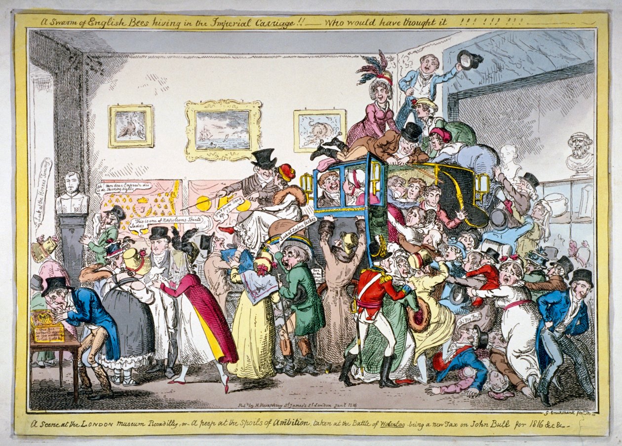 Uno sciame di api inglesi che si accasa nella carrozza imperiale!! una scena al London Museum da George Cruikshank