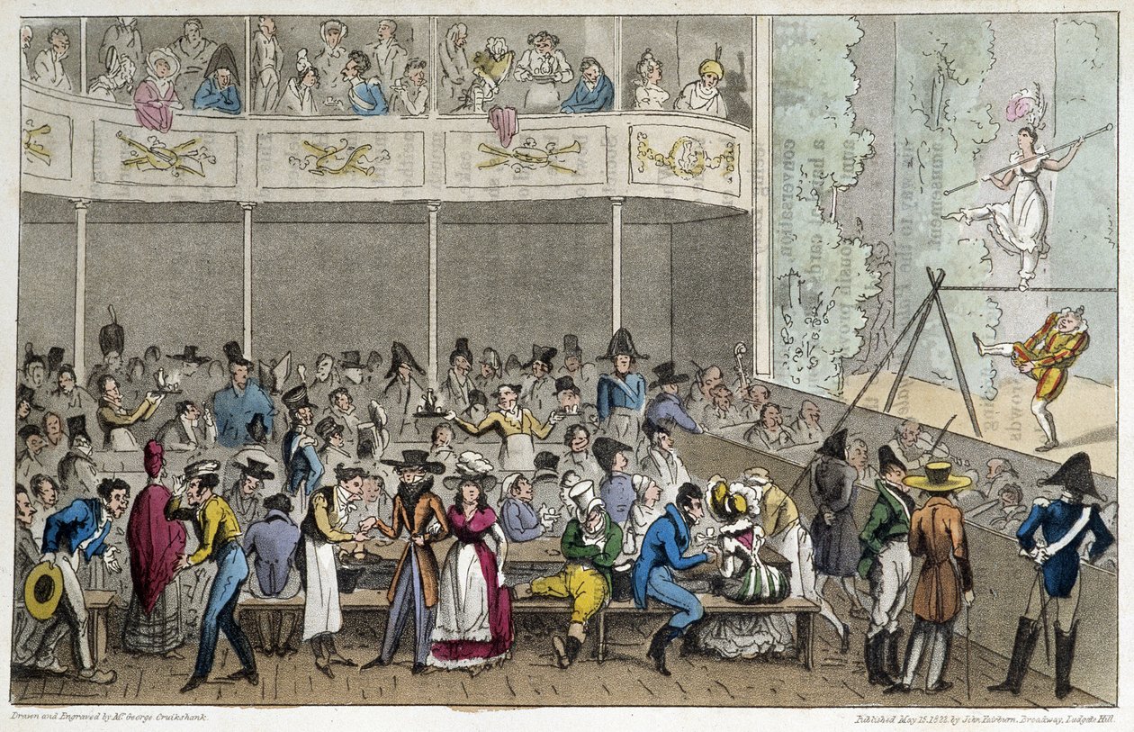 Spettacolo di acrobati al Café de la Paix - in "Life in Paris" di David Carey, Londra da George Cruikshank