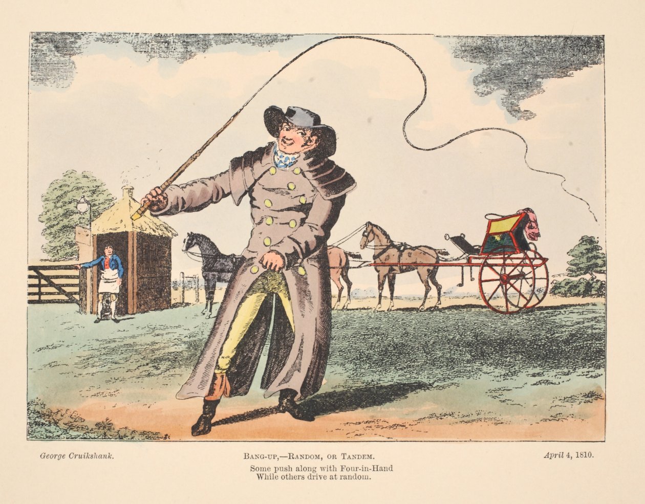 Bang-Up, Random o Tandem, alcuni spingono con Four In Hand mentre altri guidano a caso, 1810 da George Cruikshank