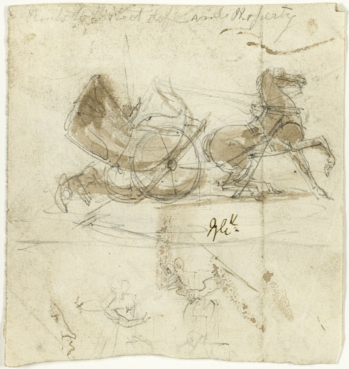Caricatura di sé (recto); Cabina lanciata da un cavallo, con altri schizzi (verso) da George Cruikshank