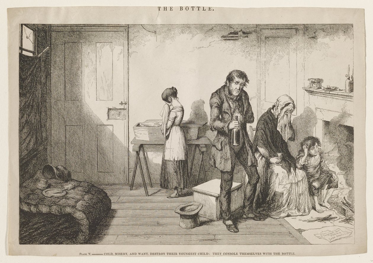 Il freddo, la miseria e il bisogno distruggono il loro figlio più piccolo: si consolano con la bottiglia. da George Cruikshank