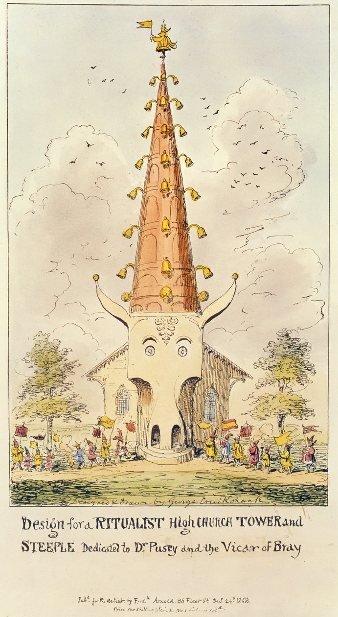 Progetto per una torre e campanile della Chiesa Alta Ritualista, dedicato al Dr. Pusey e al Vicar of Bray, 1868 da George Cruikshank