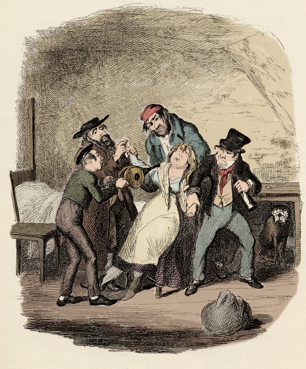 Fagin, Charley Bates, Kikes e Dawkins rianimano Nancy - Il signor Fagin e il suo allievo rianimano Nancy - Illustrazione per "Oliver Twist" (Le avventure di Oliver Twist) di Charles Dickens (1812-1870) da George Cruikshank