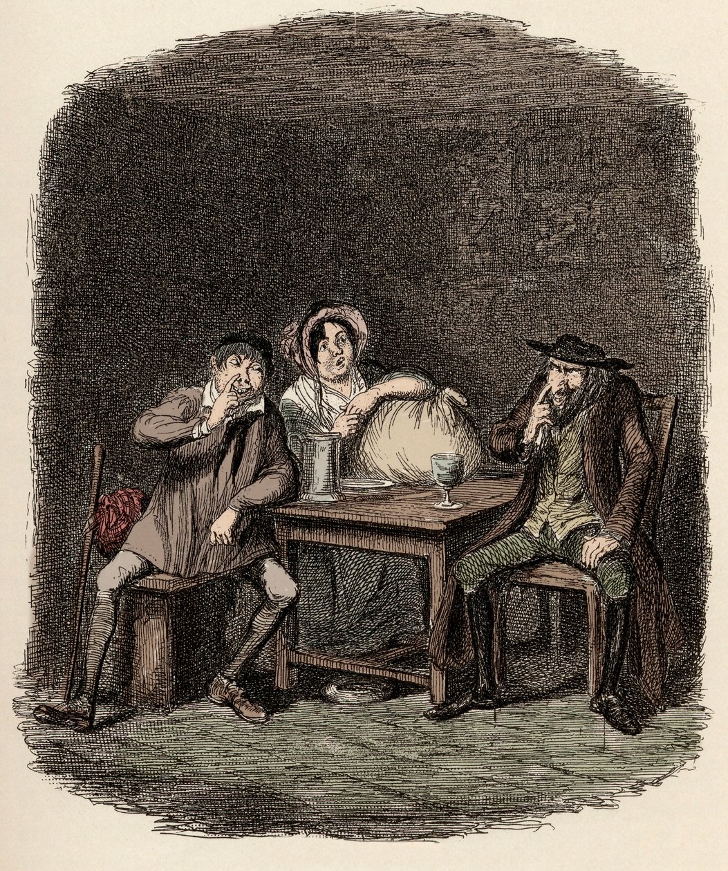 Fagin che fa affari con Morris Bolter, alias Noe Claypole, e Charlotte - L