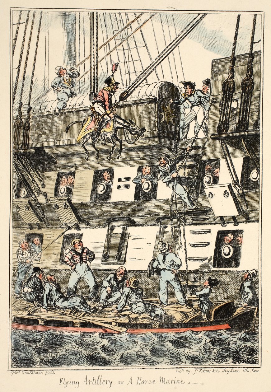 Artiglieria volante o un marinaio a cavallo, da Greenwich Hospital, una serie di schizzi navali, descrittivi della vita di un uomo di guerra, pub. 1826 da George Cruikshank