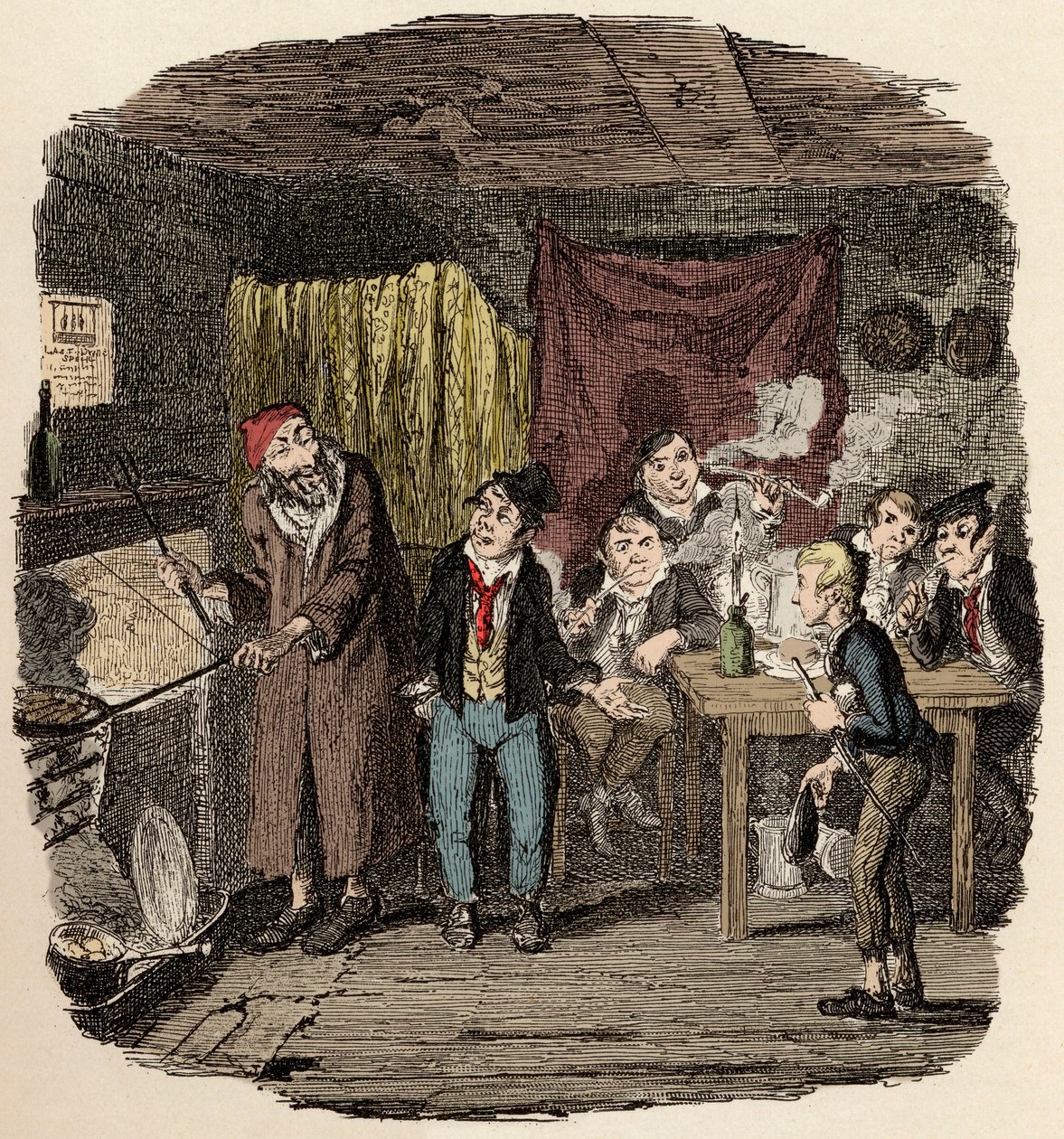 A Londra, Jack Dawkins detto la Volpe presenta Oliver a Fagin e alla sua banda di malviventi - Oliver presentato al rispettabile vecchio gentiluomo - Illustrazione per "Oliver Twist" (Le avventure di Oliver Twist) di Charles Dickens (1812-1870) da George Cruikshank
