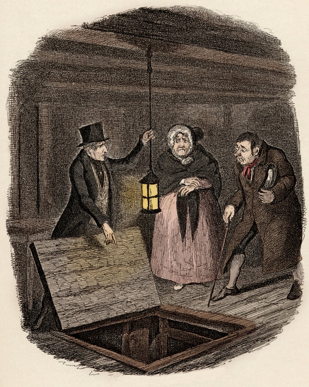 In presenza di Monsieur Bumble e Madame Corney, Monks distrugge il medaglione di Oliver Twist - Illustrazione per 