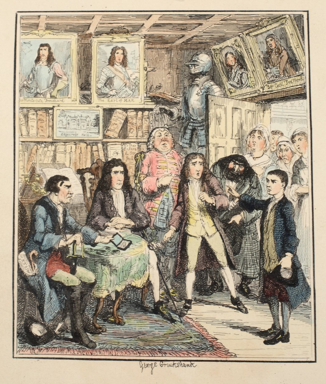 Jack Sheppard accusa Thames Darrell del furto, illustrazione da Jack Sheppard: A Romance di William Harrison Ainsworth, pubblicato nel 1839 da George Cruikshank