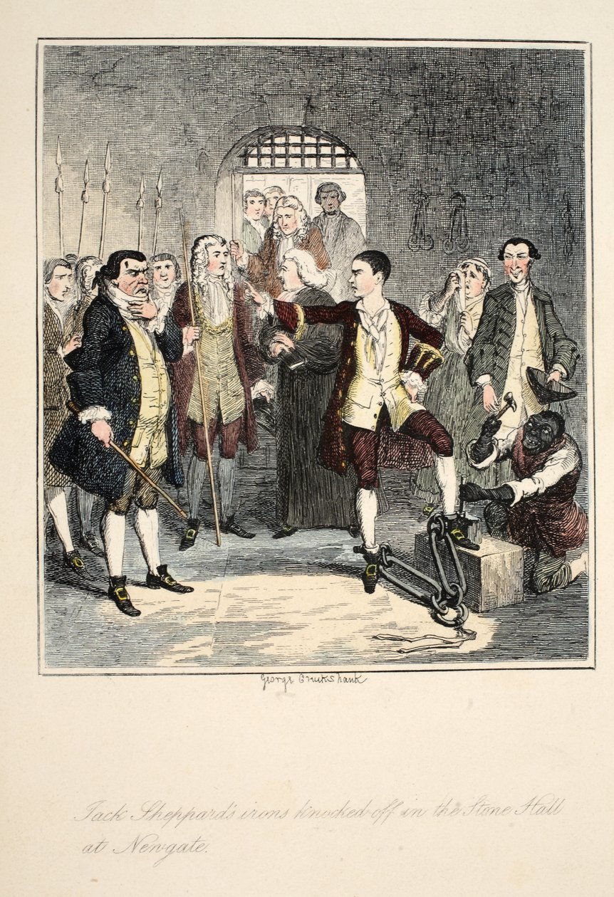 Le catene di Jack Sheppard rimosse nella Sala di Pietra a Newgate, illustrazione da Jack Sheppard: Un romanzo di William Harrison Ainsworth, pubblicato 1839 da George Cruikshank