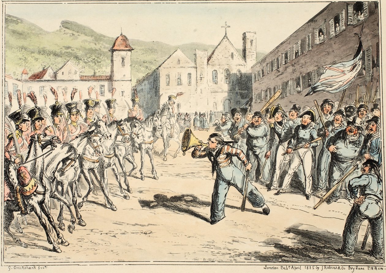 La tromba di sfida di Jack, da Greenwich Hospital, una serie di schizzi navali, descrittivi della vita di un uomo di guerra, pub. 1826 (incisione colorata a mano) da George Cruikshank