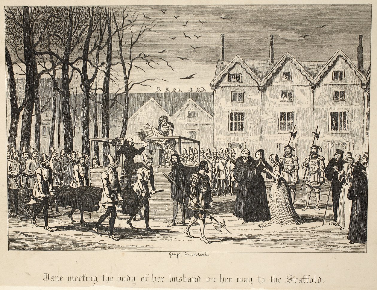 Jane incontra il corpo del marito sulla strada per il Patibolo, da La Torre di Londra, pub. 1840 da George Cruikshank