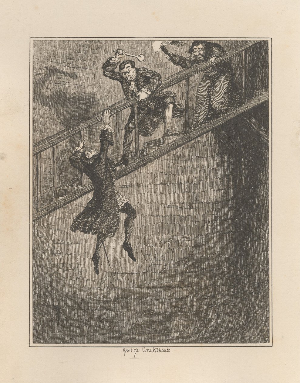 Jonathan Wild che getta Sir Rowland Trenchard nel pozzo da George Cruikshank