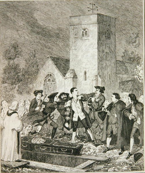 Jonathan Wild che cattura Jack al funerale di sua madre nel cimitero di Willesden, illustrazione da 