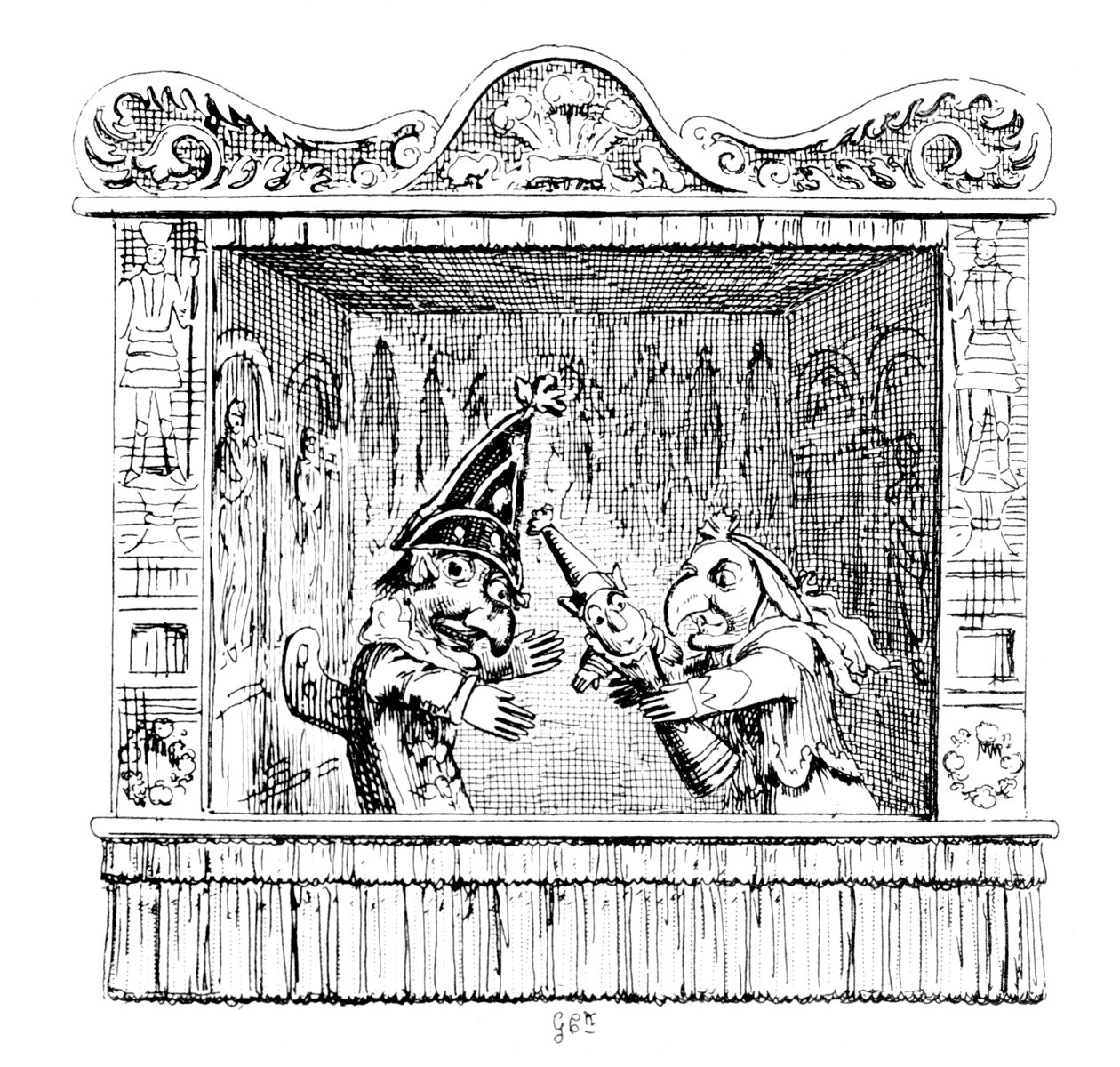 Judy esorta Mr Punch a prendere il bambino da George Cruikshank