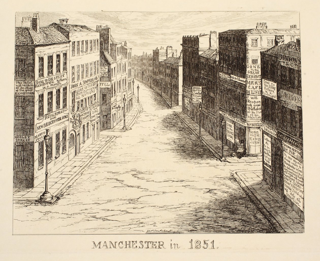Manchester nel 1851, da 1851 o Le avventure del signor e della signora Sandboys e della loro famiglia che vennero a Londra per divertirsi e vedere la Grande Esposizione, pub. 1851 da George Cruikshank