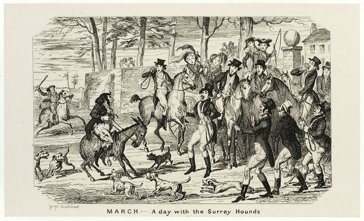Marzo - Un giorno con i segugi del Surrey dalle acqueforti di George Cruikshank per The Comic Almanacks: 1835-1853 da George Cruikshank