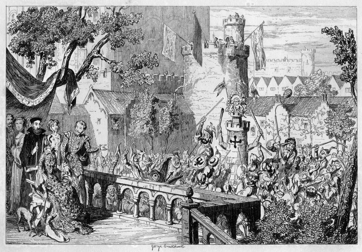 Mascherata nel giardino del palazzo della Torre di Londra, 1840 da George Cruikshank