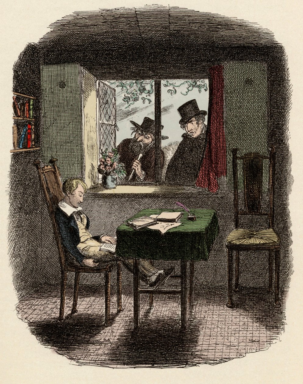 Monks e Fagin osservano Oliver dormire nella biblioteca dei Maylie - Illustrazione per 