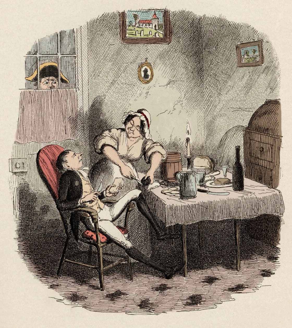 Monsieur Bumble osserva Noe Claypole e Charlotte - Mr Claypole come appariva quando il suo padrone era fuori - Illustrazione per 