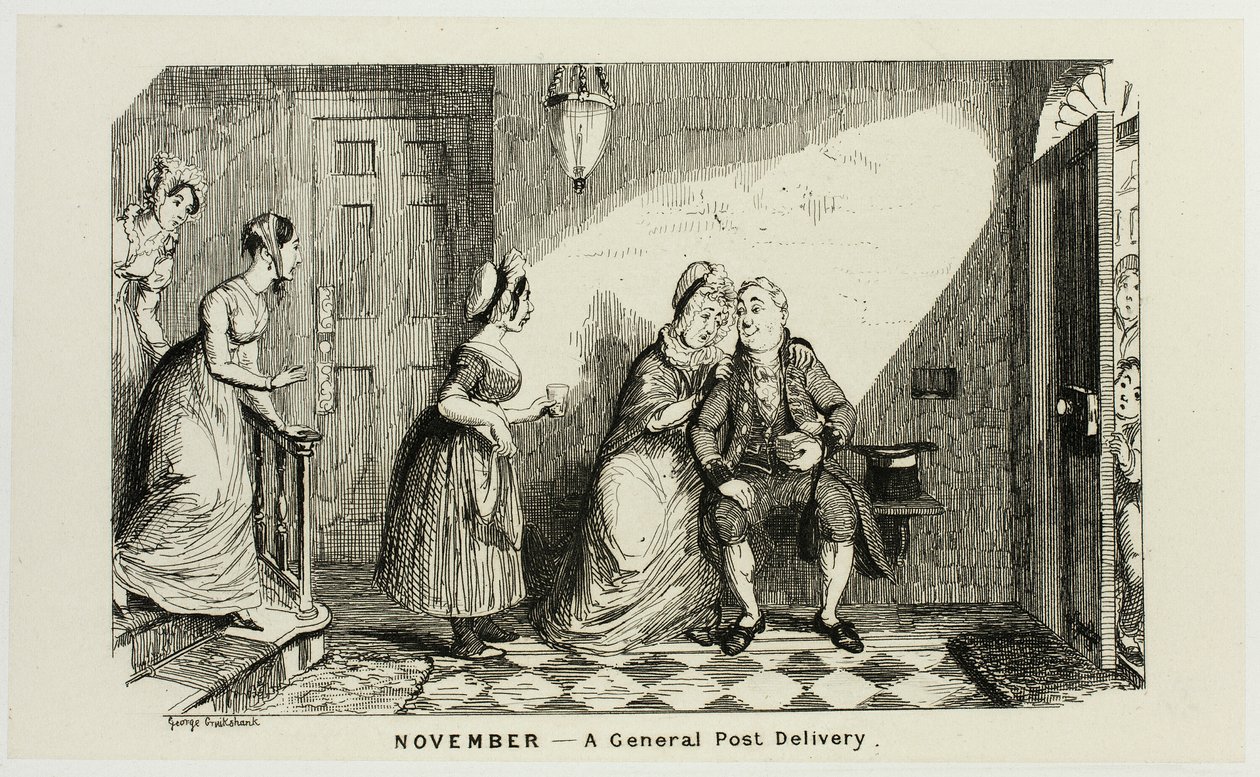 Novembre - Un recapito postale generale in opposizione dalle acqueforti di George Cruikshank a The Comic Almanacks: 1835-1853 da George Cruikshank