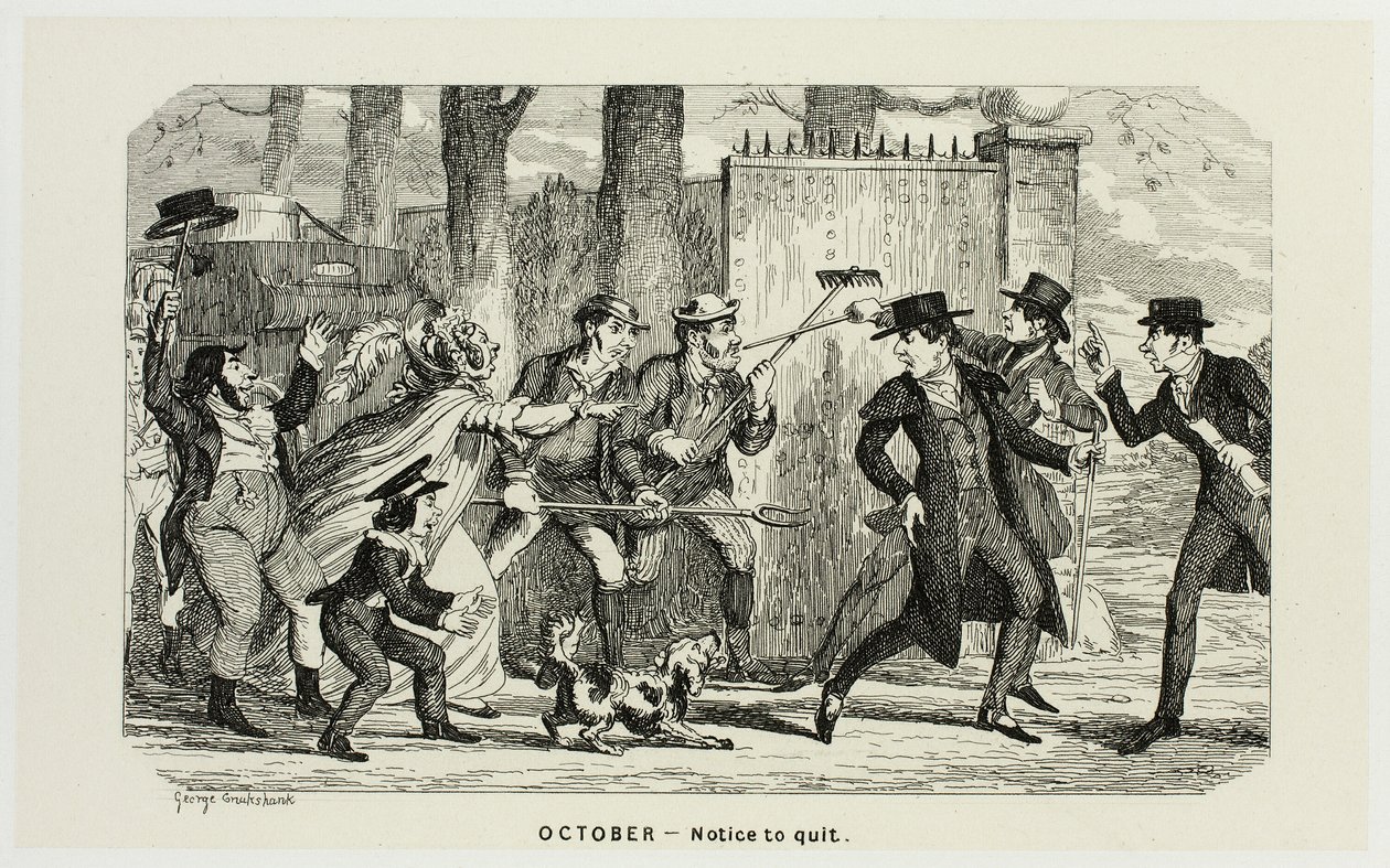 Ottobre - Avviso di abbandono dalle acqueforti di George Cruikshank a The Comic Almanacks: 1835-1853 da George Cruikshank