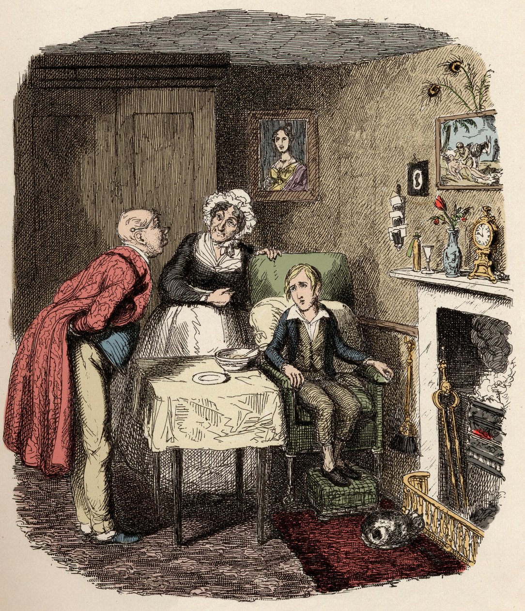 Oliver è raccolto e curato dal signor Brownlow e dalla sua governante Mrs. Bedwin - Oliver che si riprende dalla febbre (illustrazione per “Oliver Twist” di Charles Dickens, di George Cruikshank) da George Cruikshank