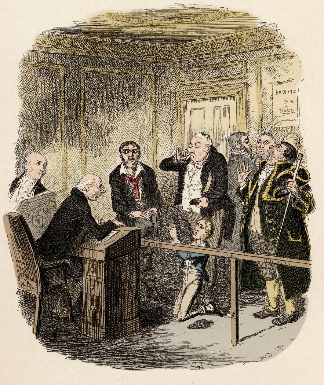 Oliver supplica il giudice dei bambini di non farlo diventare apprendista di Gamfield, lo spazzacamino - Oliver evita di essere legato come apprendista allo spazzacamino - Illustrazione per "Oliver Twist" (Le avventure di Oliver Twist) di Charles Dickens ( da George Cruikshank