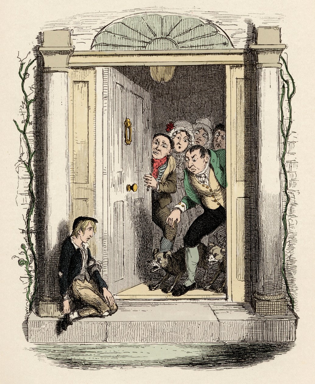 Oliver ferito e esausto chiede aiuto - Oliver Twist alla porta della signora Maylie - Illustrazione per "Oliver Twist" (Le avventure di Oliver Twist) di Charles Dickens (1812-1870) da George Cruikshank