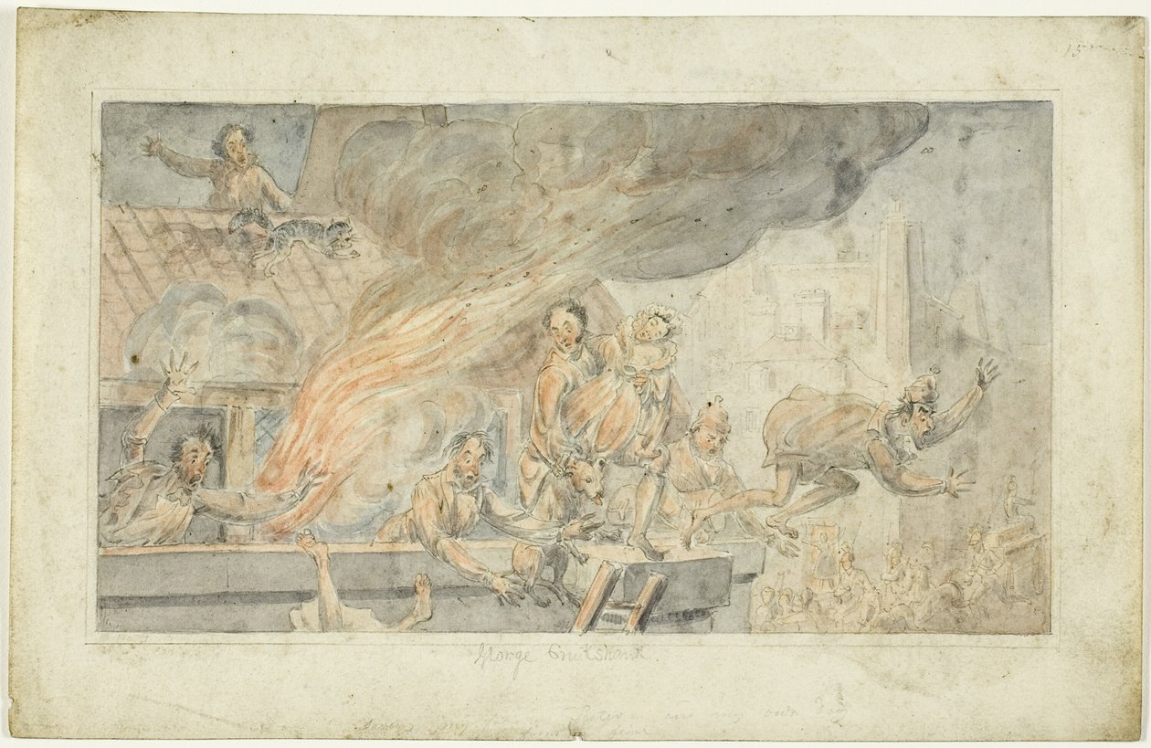 Persone in fuga da un edificio in fiamme da George Cruikshank