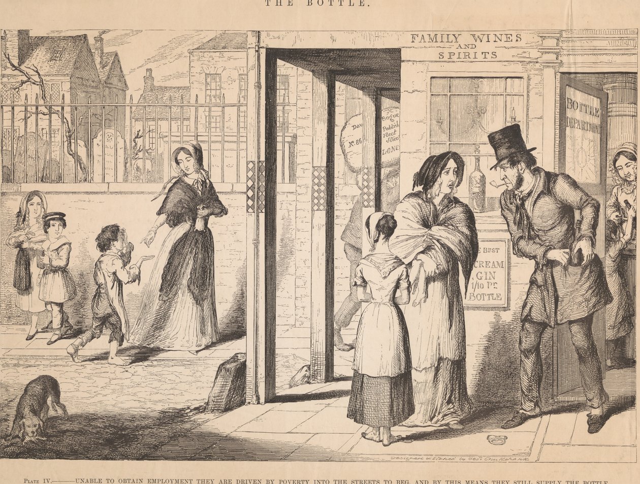 Tavola IV. Non riuscendo a trovare lavoro, la povertà li costringe a scendere in strada a mendicare da George Cruikshank