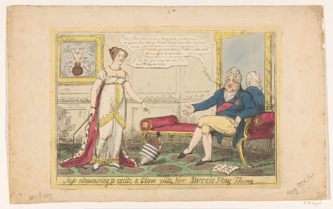 Principessa Charlotte che gioca con la sua trottola olandese, 1814 (Miss endeavouring to excite a Glow with her Dutch Play Thing) da George Cruikshank