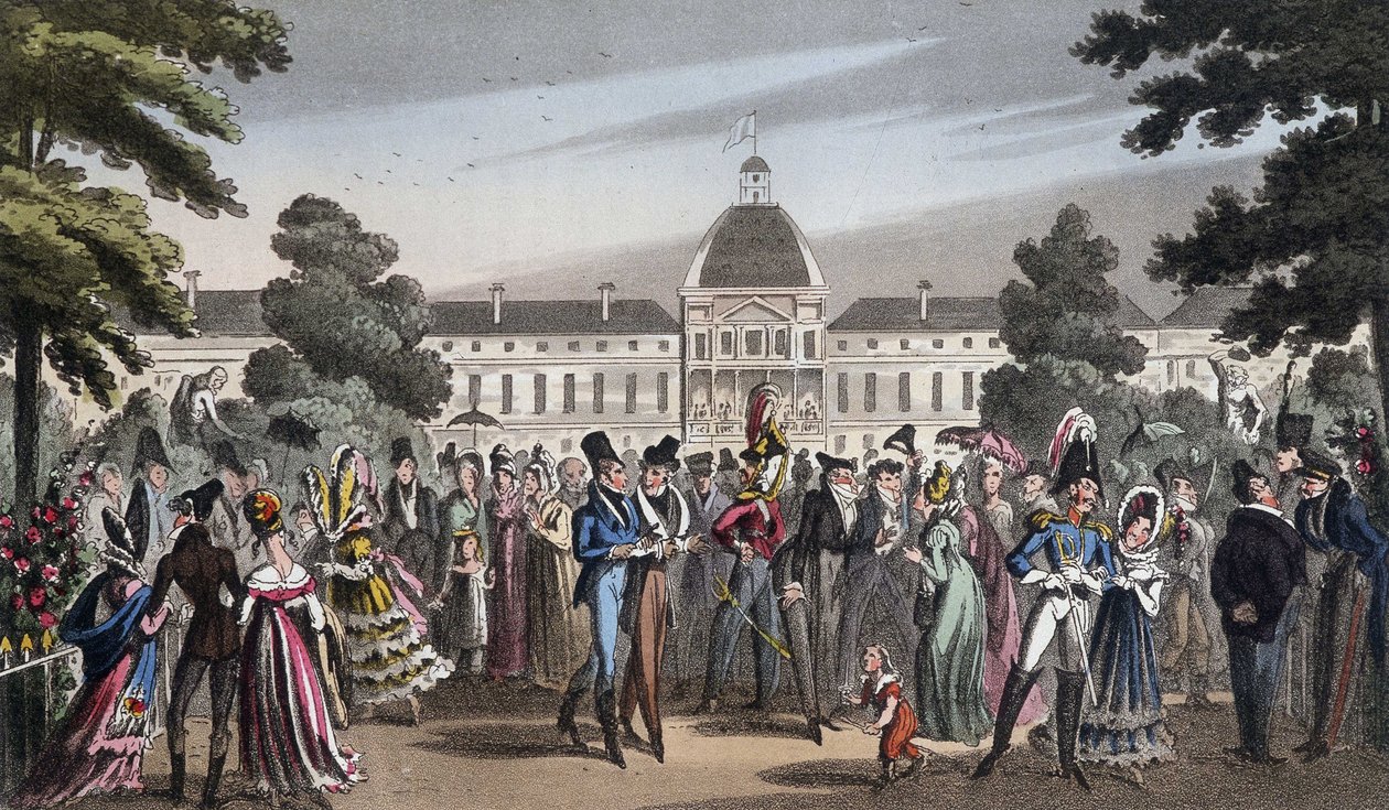 Passeggiata al Jardin des Tuileries - in "Life in Paris" di David Carey, Londra da George Cruikshank