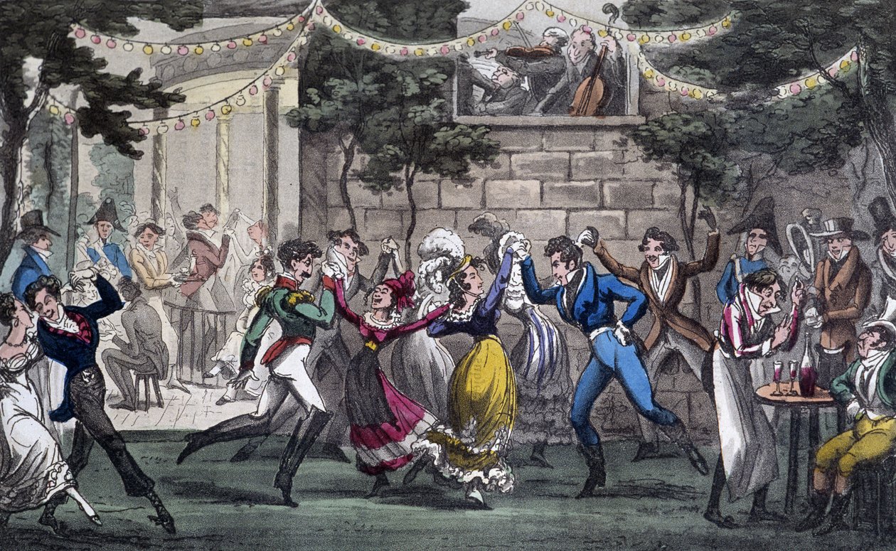 Quadriglia nel salone di Marte, agli Champs Elysée - in "Life in Paris" di David Carey, Londra da George Cruikshank
