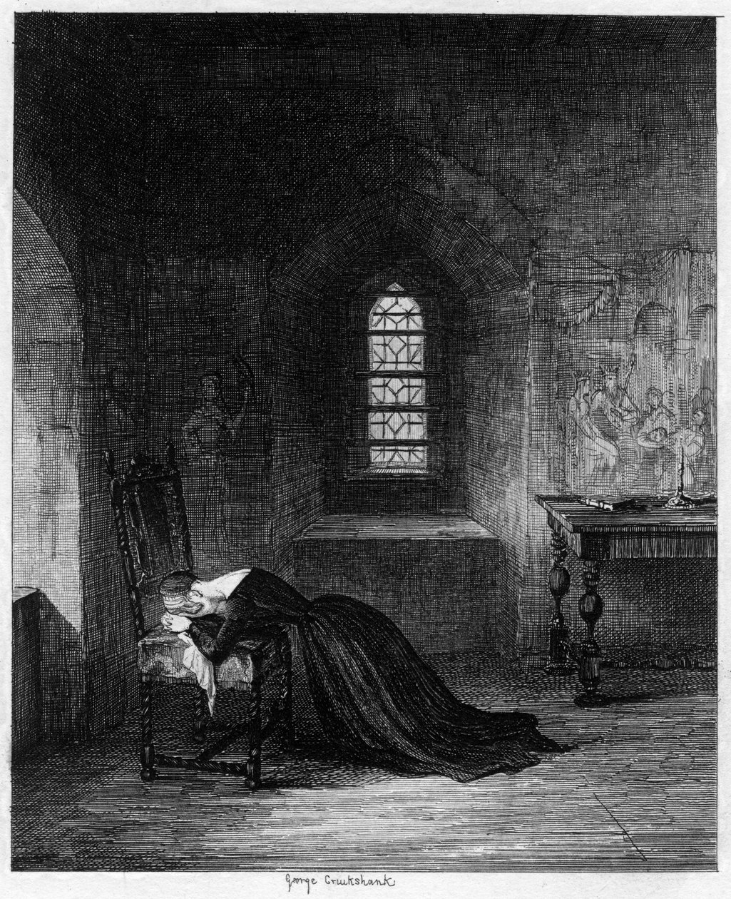 La regina Jane imprigionata nella Brick Tower, Torre di Londra da George Cruikshank