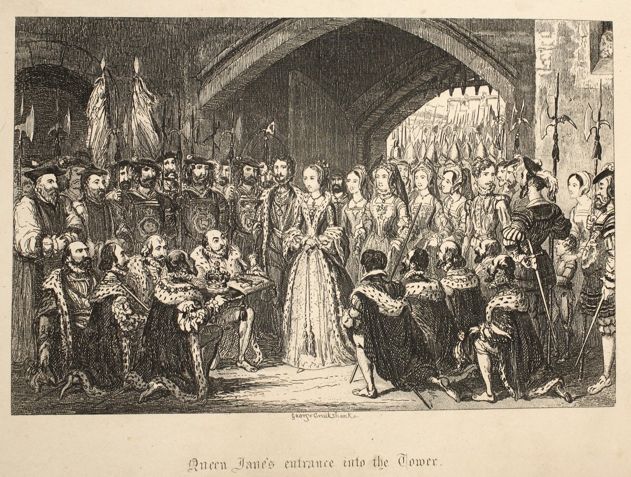 Ingresso della Regina Jane nella Torre, da The Tower of London, pub. 1840 da George Cruikshank