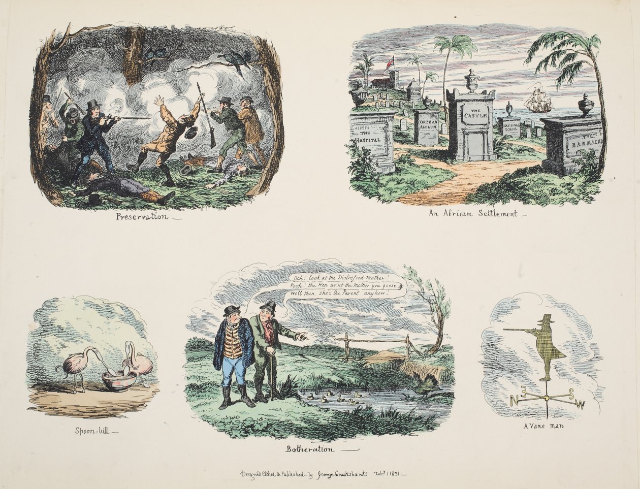 Frammenti e schizzi: Conservazione, un insediamento africano, Spatola, Confusione, Un uomo vanitoso, pub. 1831 da George Cruikshank