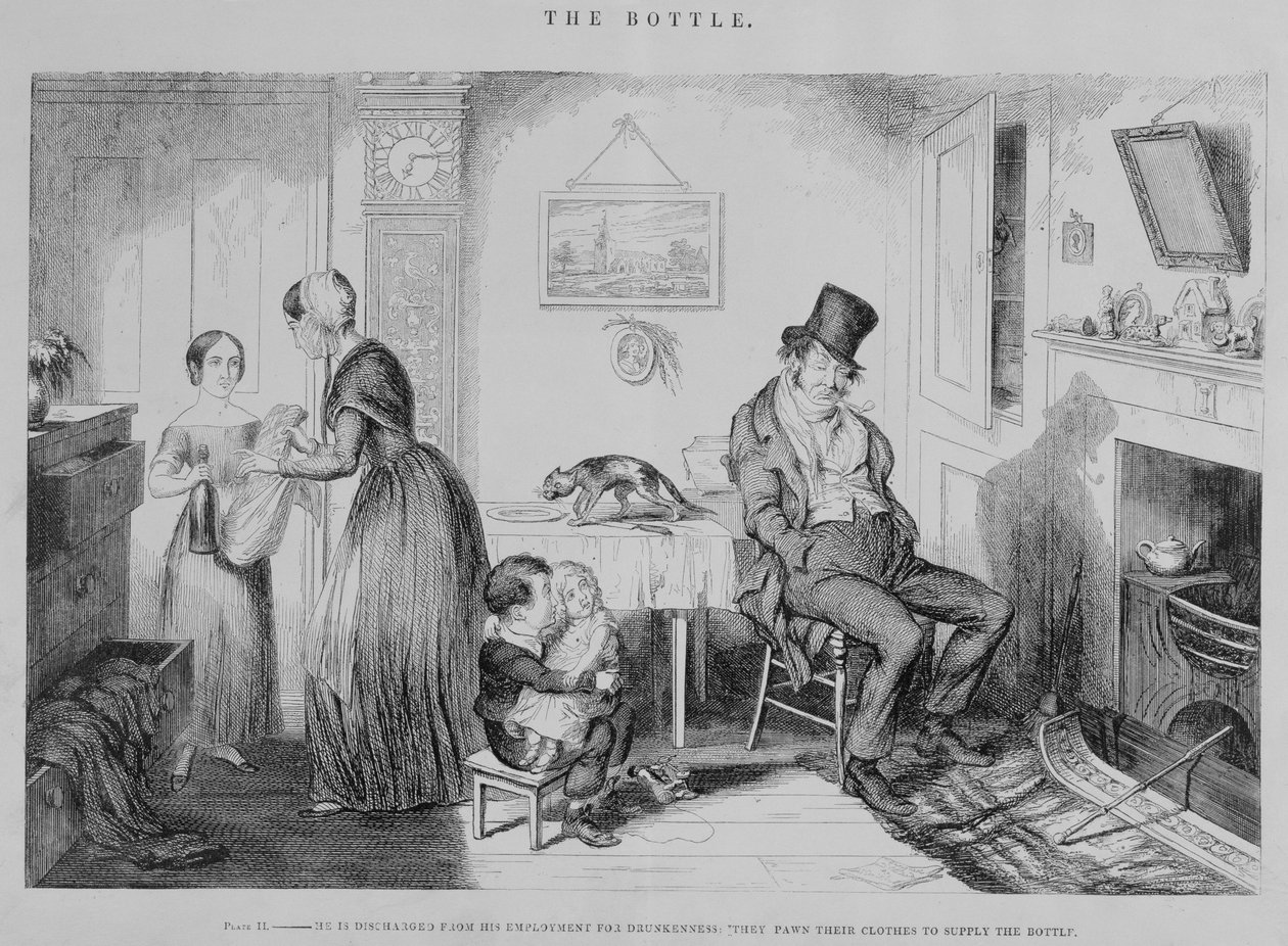 La bottiglia, Piatto II, viene licenziato dal lavoro per ubriachezza: impegnano i loro vestiti per procurarsi la bottiglia, 1847 da George Cruikshank