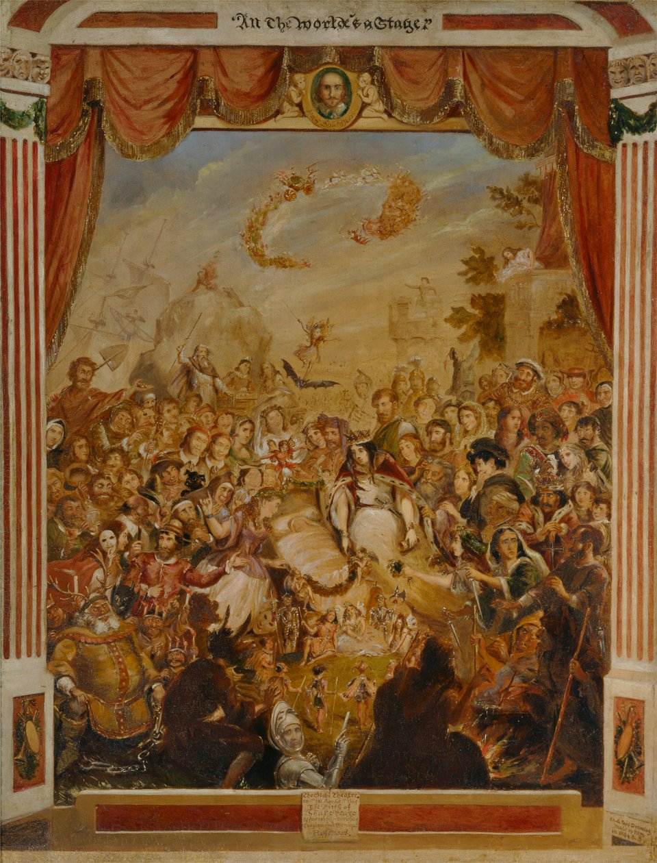 La prima apparizione di William Shakespeare (1564-1616) sul palco del Globe con parte della sua compagnia drammatica nel 1564 da George Cruikshank