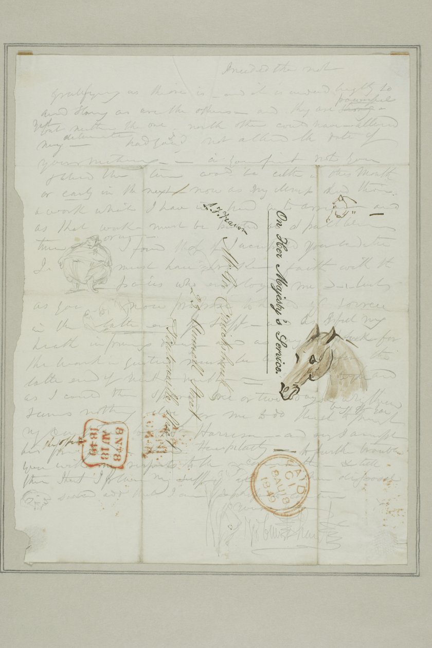 Senza titolo (lettera di Cruikshank con schizzi di testa di cavallo) da George Cruikshank