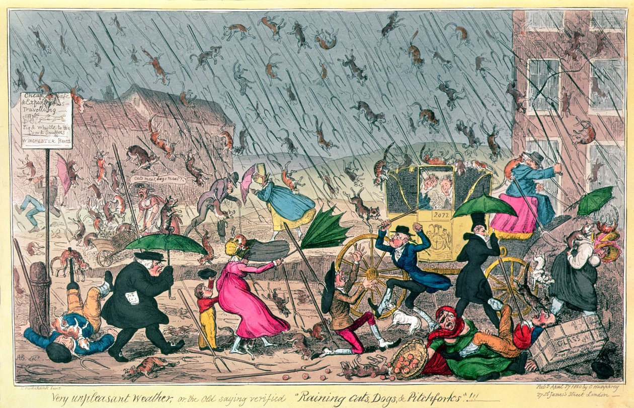 Tempo molto spiacevole, o il vecchio detto verificato: piovono gatti, cani e forconi!, pub. da G. Humphrey, 1820 da George Cruikshank