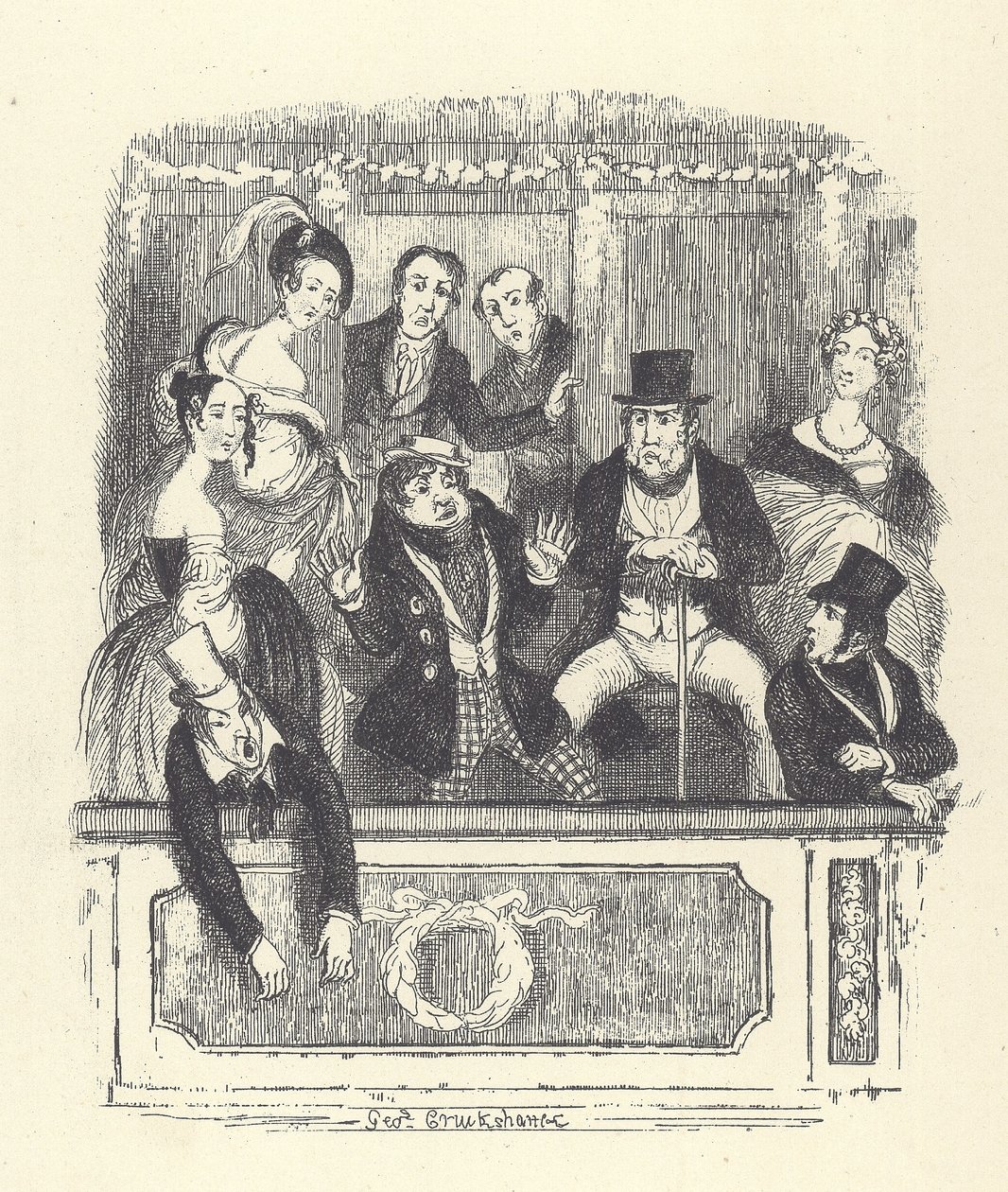 Spettatori vittoriani si affollano in un palco di un teatro di Londra (incisione) da George Cruikshank
