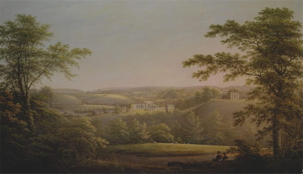 Easby Hall e Abbazia di Easby con Richmond, Yorkshire sullo sfondo da George Cuitt