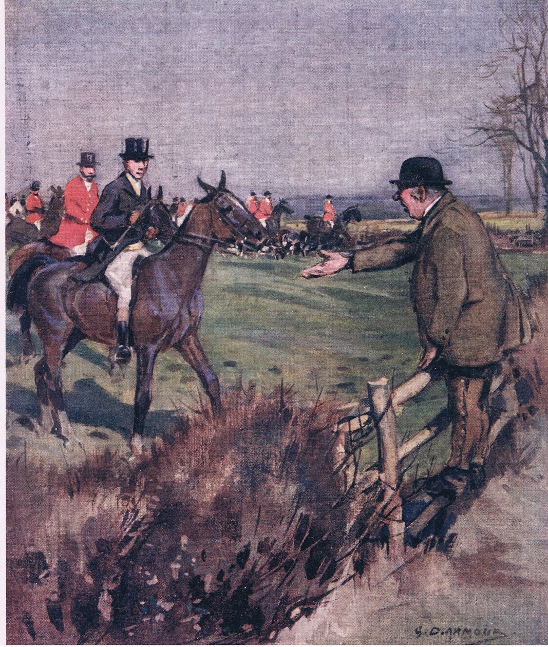 Che umiliazione vedere un grande agricoltore che bullizza un piccolo uomo in pelle e scarlatto per aver cavalcato sopra i suoi semi, da Lezioni di Mr Jorrocks pubblicato da Hodder & Stoughton da George Denholm Armour