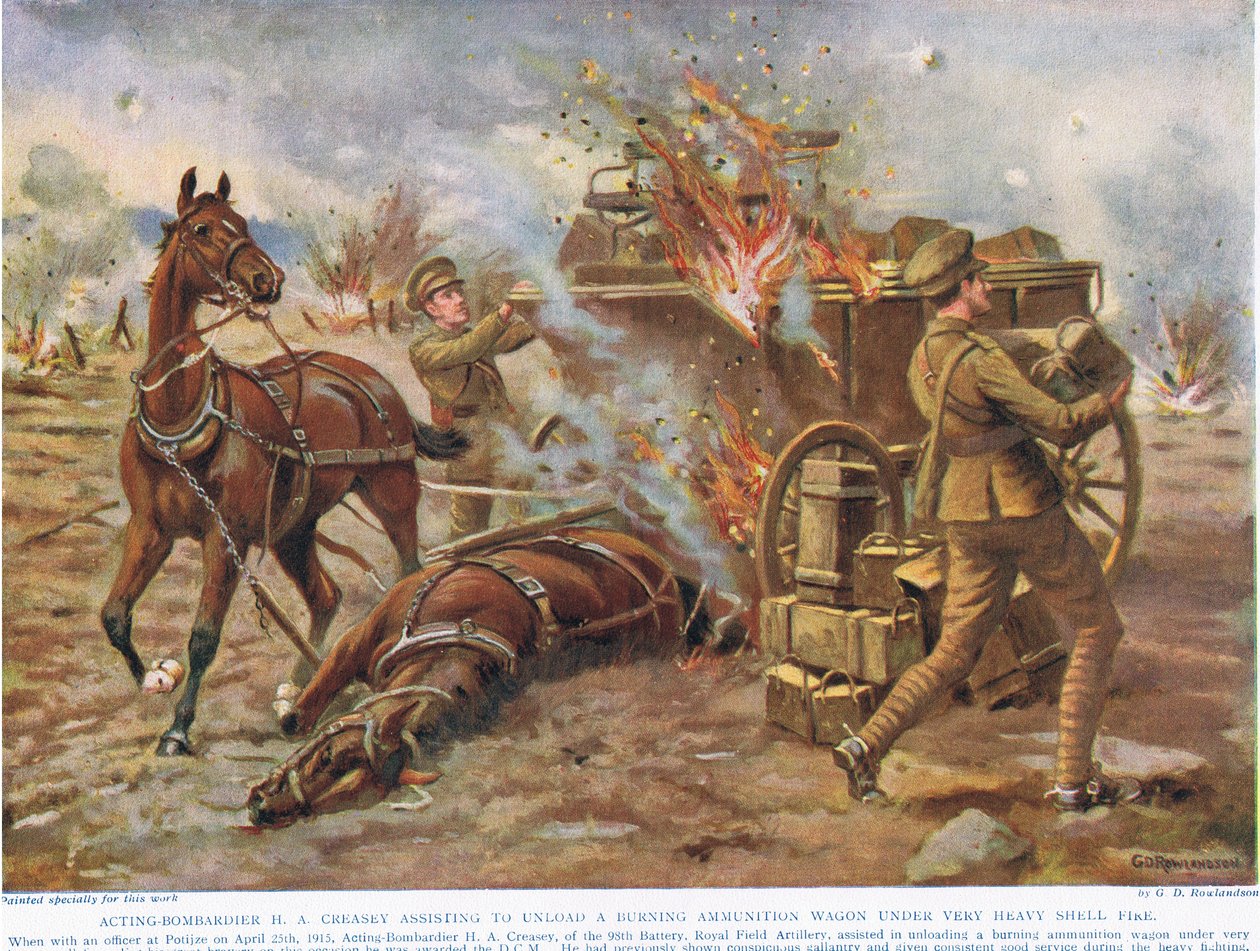 Il bombardiere H.A. Creasey aiuta a scaricare un carro di munizioni in fiamme sotto un pesante fuoco di artiglieria, illustrazione da 