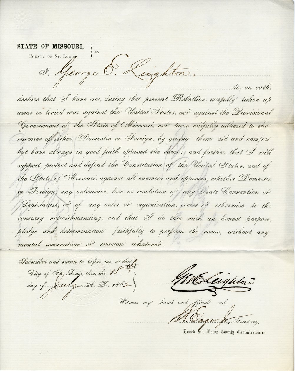 Giuramento di fedeltà di George E. Leighton del Missouri, Contea di St. Louis da George Eliot Leighton